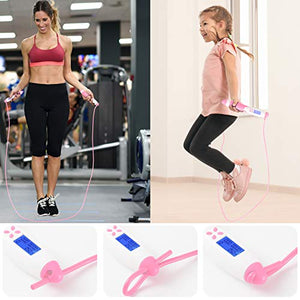 Wastou Jump Rope, Digital Weight Calories Time Setting Jump Rope with Counter for Indoor and Outdoor Exercise Adjustable Skipping Rope Workout for Men,Women,Kids, Girls (Cordless Pink)
