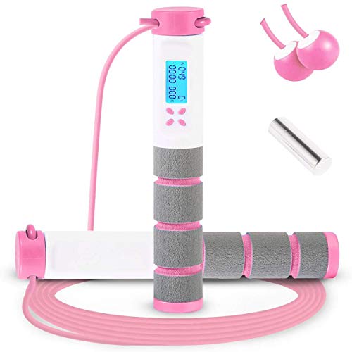 Jump Rope, Digital Weighted Handle Workout Jumping Rope with Calorie Counter for Training Fitness, Adjustable Exercise Speed Skipping Rope for Men, Women, Kids, Girls (Pink)
